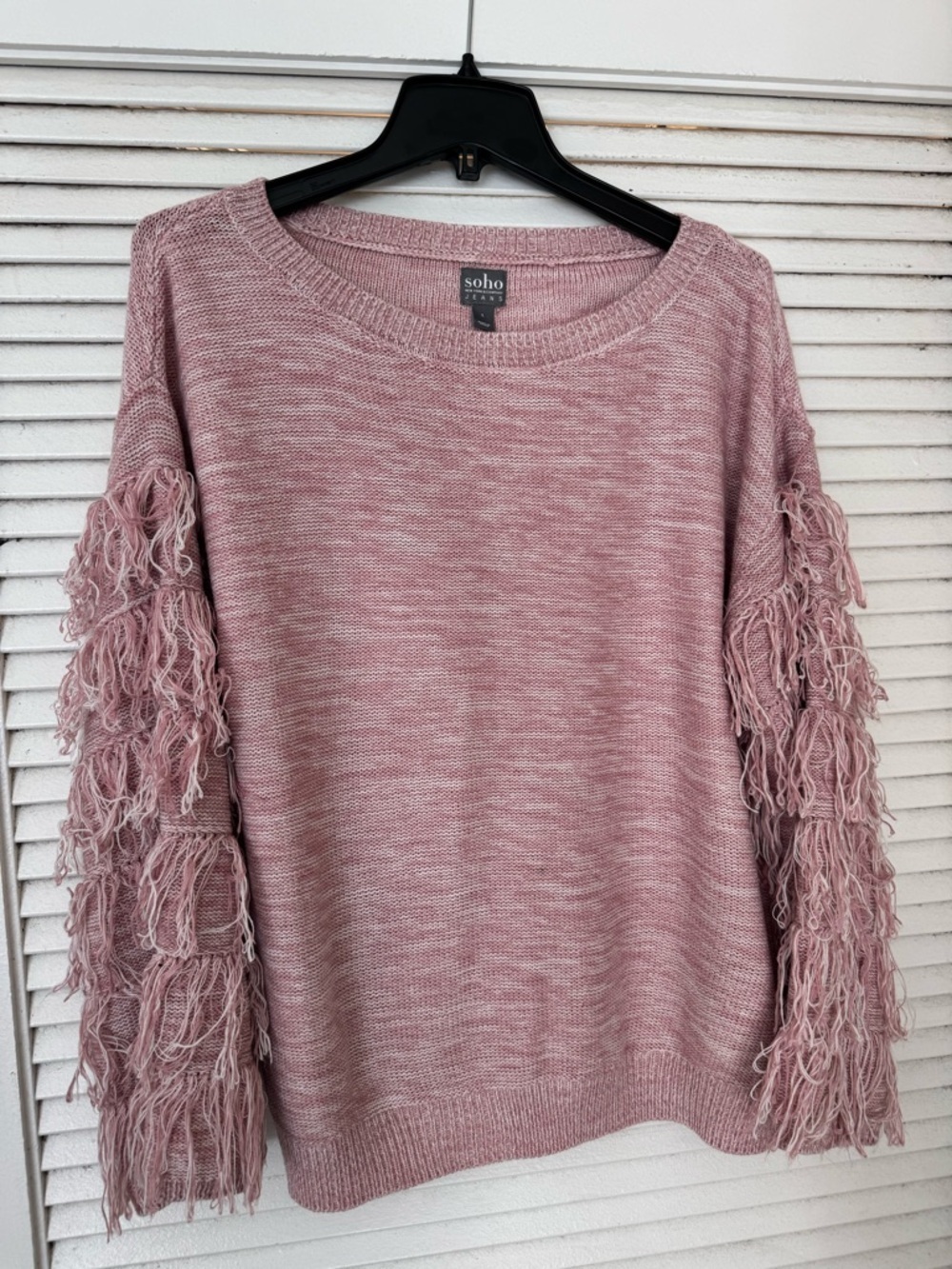Soho Blush Pink Fringe-Sleeve Crewneck Sweater